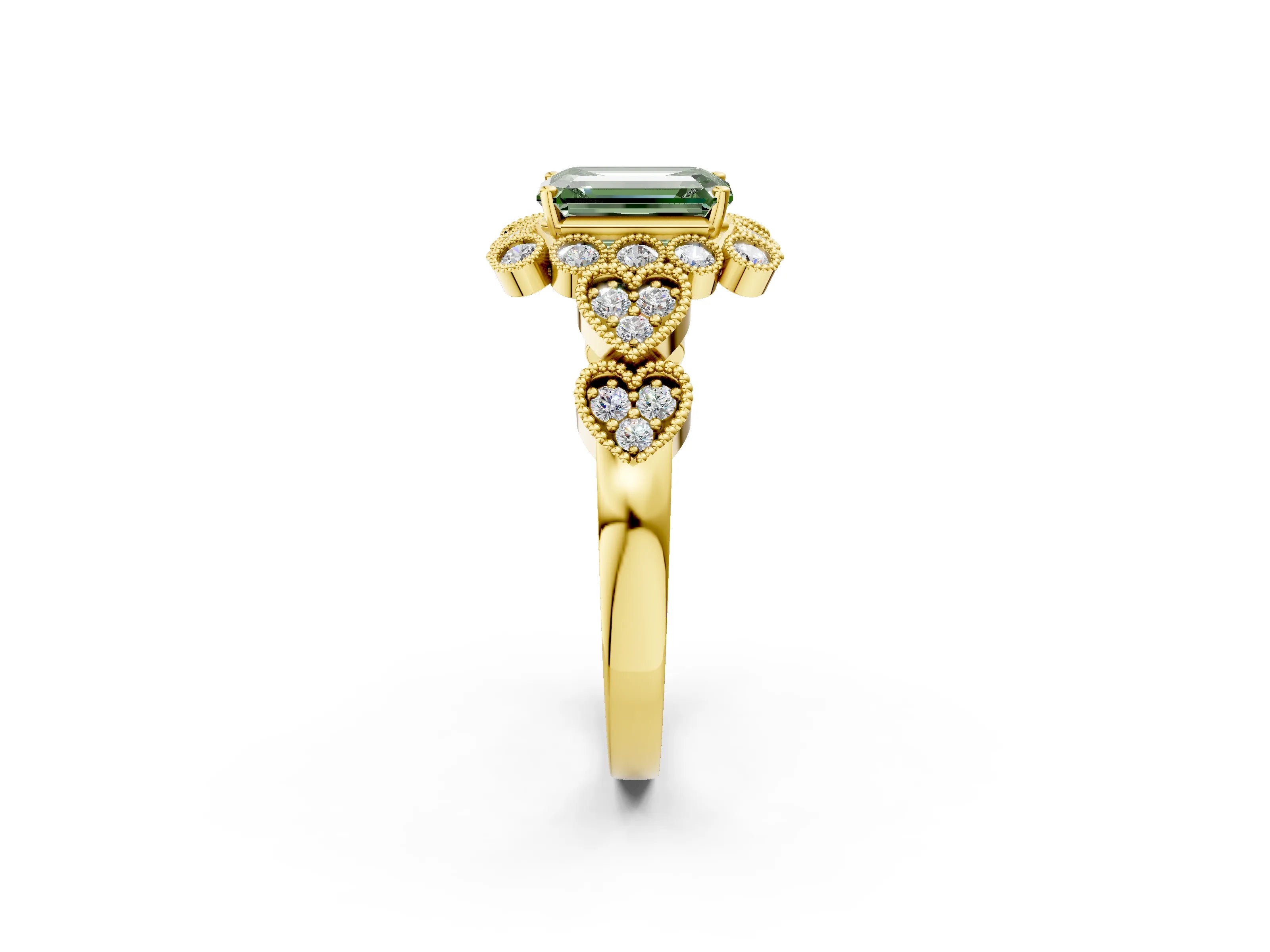 Yellow gold Fancy Green Emerald Cut Brilliant Milgrain Pave Heart Band Solitaire Ring_2