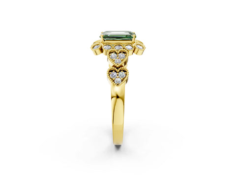 Yellow gold Fancy Green Emerald Cut Brilliant Milgrain Pave Heart Band Solitaire Ring_2