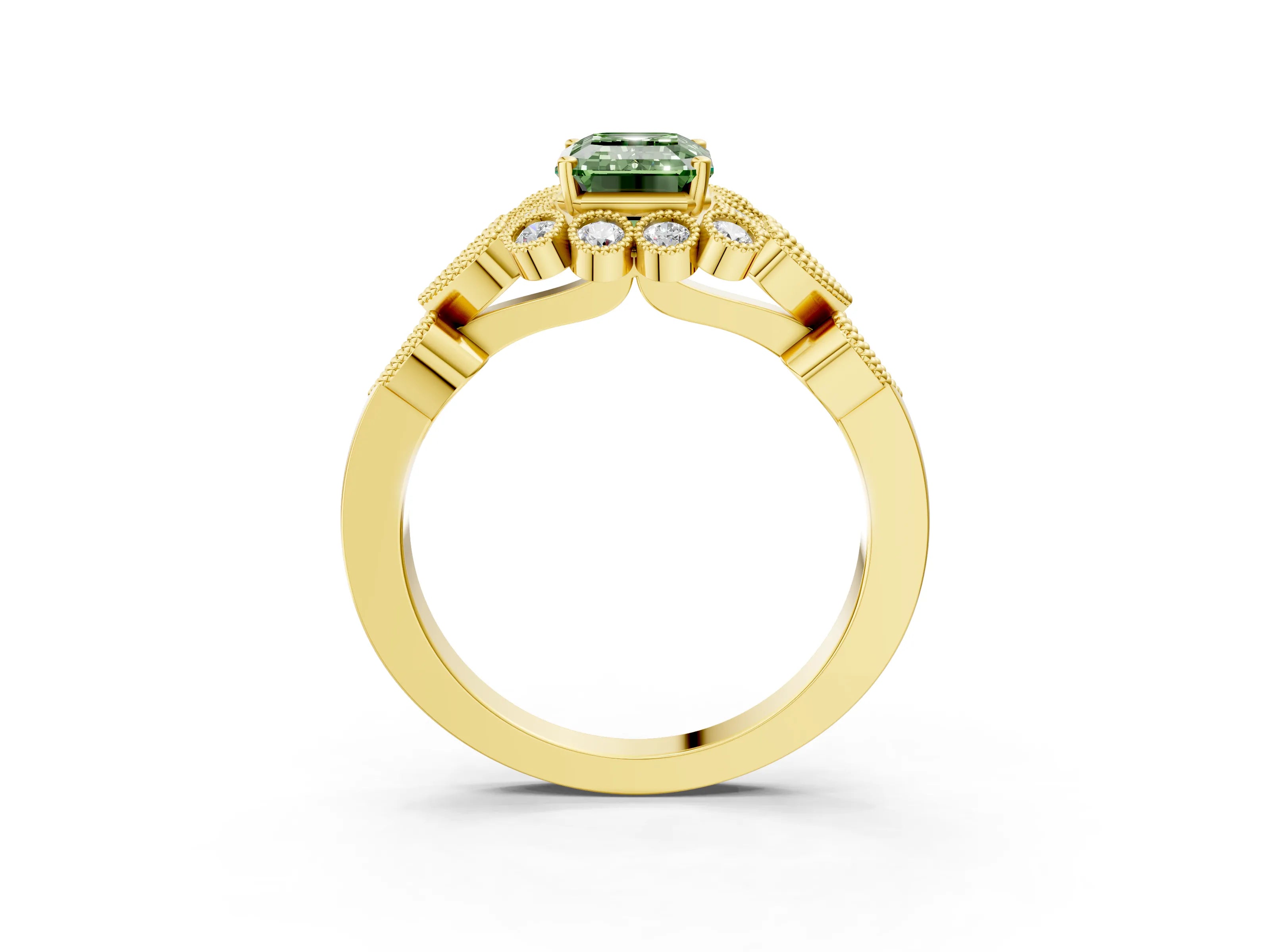 Yellow gold Fancy Green Emerald Cut Brilliant Milgrain Pave Heart Band Solitaire Ring_3