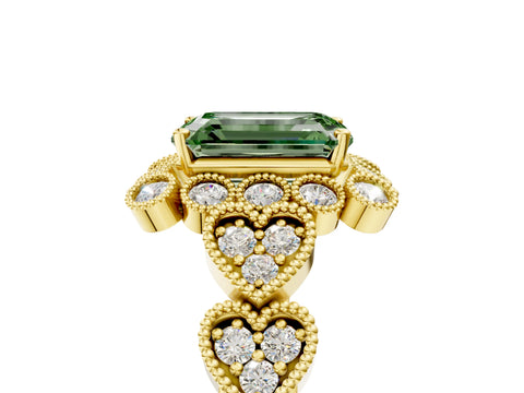 Yellow gold Fancy Green Emerald Cut Brilliant Milgrain Pave Heart Band Solitaire Ring_5