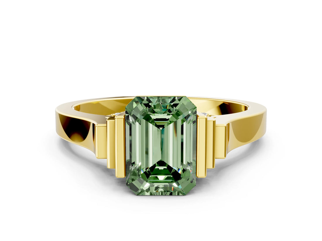 Yellow gold Fancy Green Emerald Cut Brilliant Solitaire Diamond Ring with Channel Set Band and Bar Prong Setting
