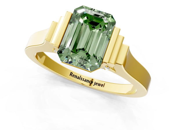 Yellow gold Fancy Green Emerald Cut Brilliant Solitaire Diamond Ring with Channel Set Band and Bar Prong Setting