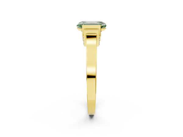 Yellow gold Fancy Green Emerald Cut Brilliant Solitaire Diamond Ring with Channel Set Band and Bar Prong Setting