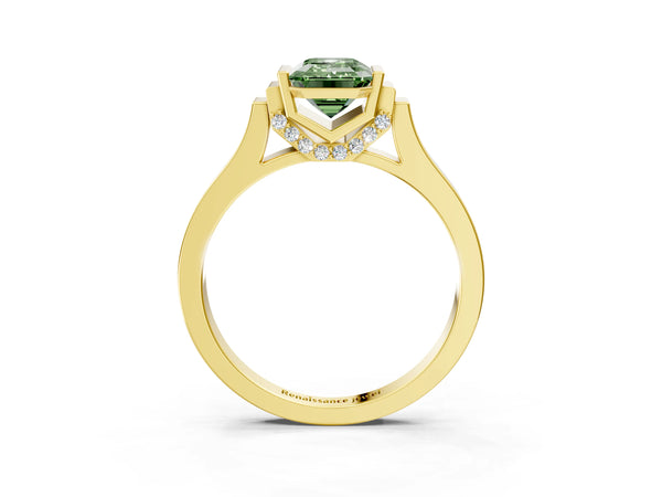 Yellow gold Fancy Green Emerald Cut Brilliant Solitaire Diamond Ring with Channel Set Band and Bar Prong Setting