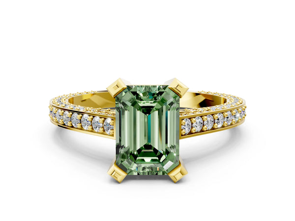 Yellow gold Fancy Green Emerald Cut Brilliant Split Shank Pave Solitaire Ring with Four-Prong Setting