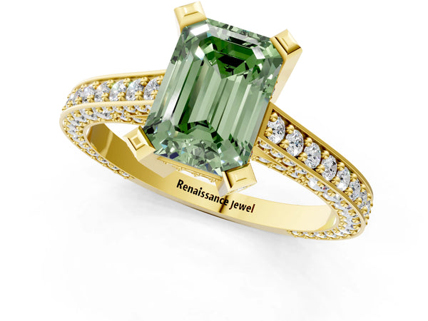 Yellow gold Fancy Green Emerald Cut Brilliant Split Shank Pave Solitaire Ring with Four-Prong Setting