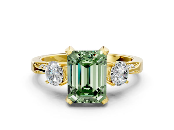 Yellow Gold Emerald Cut Three Stone Hidden Halo Engagement Ring Setting for Fancy Green Center