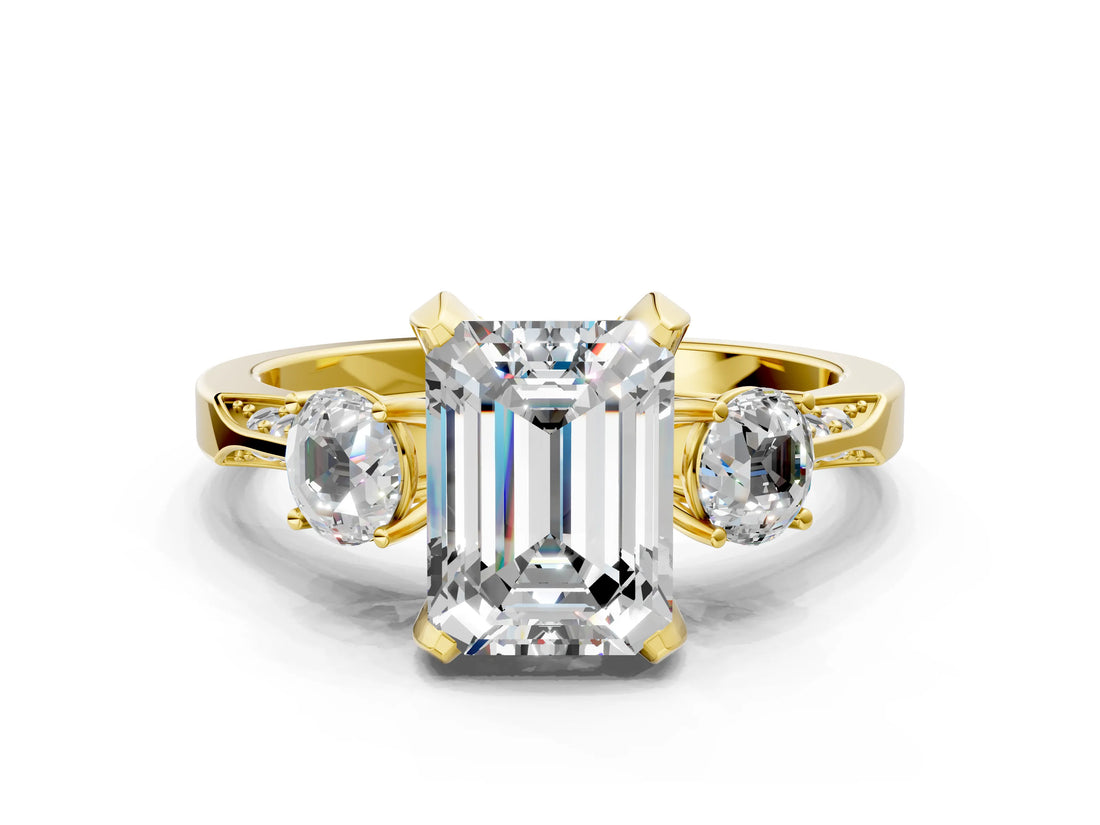 Yellow gold Fancy Green Emerald Cut Brilliant Three-Stone Diamond Ring with Pavé Band and Four-Prong Setting_3