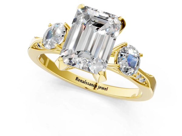 Yellow gold Fancy Green Emerald Cut Brilliant Three-Stone Diamond Ring with Pavé Band and Four-Prong Setting
