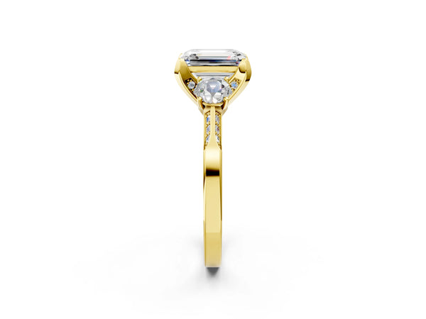 Yellow gold Fancy Green Emerald Cut Brilliant Three-Stone Diamond Ring with Pavé Band and Four-Prong Setting