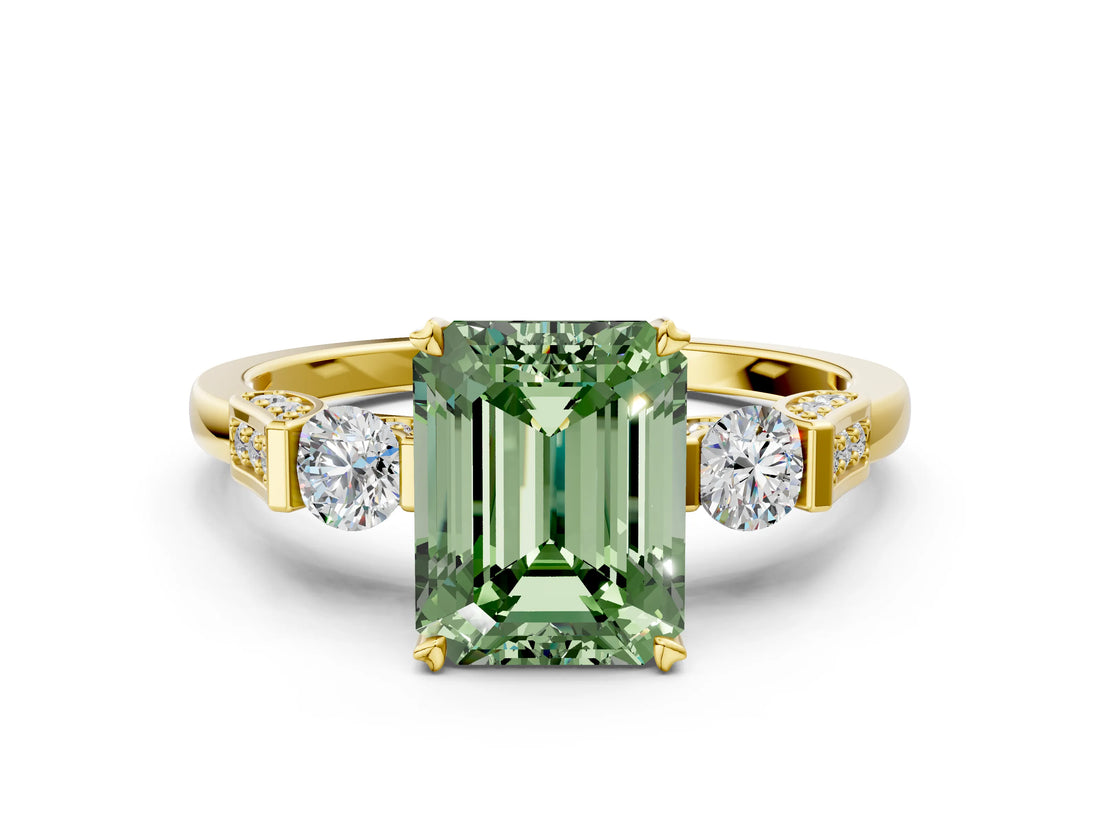 Yellow gold Fancy Green Emerald Cut Brilliant Three-Stone Pave Band with Four-Prong Setting