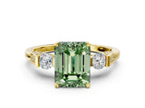 Yellow gold Fancy Green Emerald Cut Brilliant Three-Stone Pave Band with Four-Prong Setting