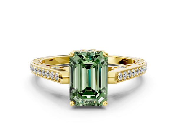 Yellow gold Fancy Green Emerald  Cut Cathedral Pave Diamond Engagement Ring with Six-Prong Setting