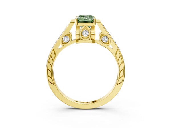 Yellow gold Fancy Green Emerald  Cut Cathedral Pave Diamond Engagement Ring with Six-Prong Setting