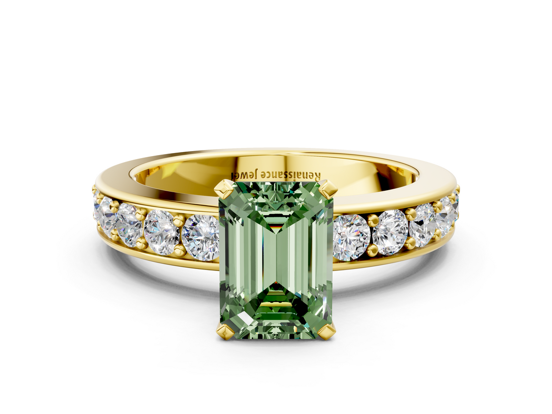 Yellow gold Fancy Green Emerald  Cut Channel Set Diamond Engagement Ring with Four-Prong Setting_218