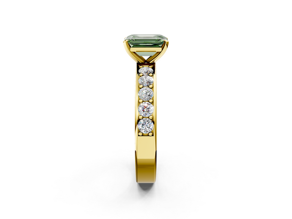 Yellow gold Fancy Green Emerald  Cut Channel Set Diamond Engagement Ring with Four-Prong Setting