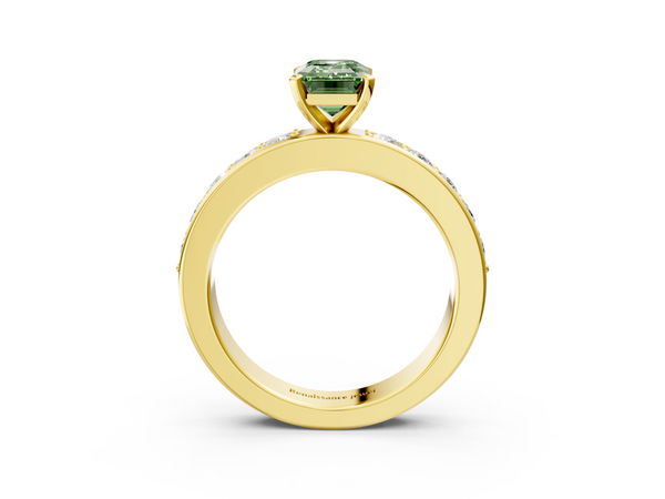 Yellow gold Fancy Green Emerald  Cut Channel Set Diamond Engagement Ring with Four-Prong Setting