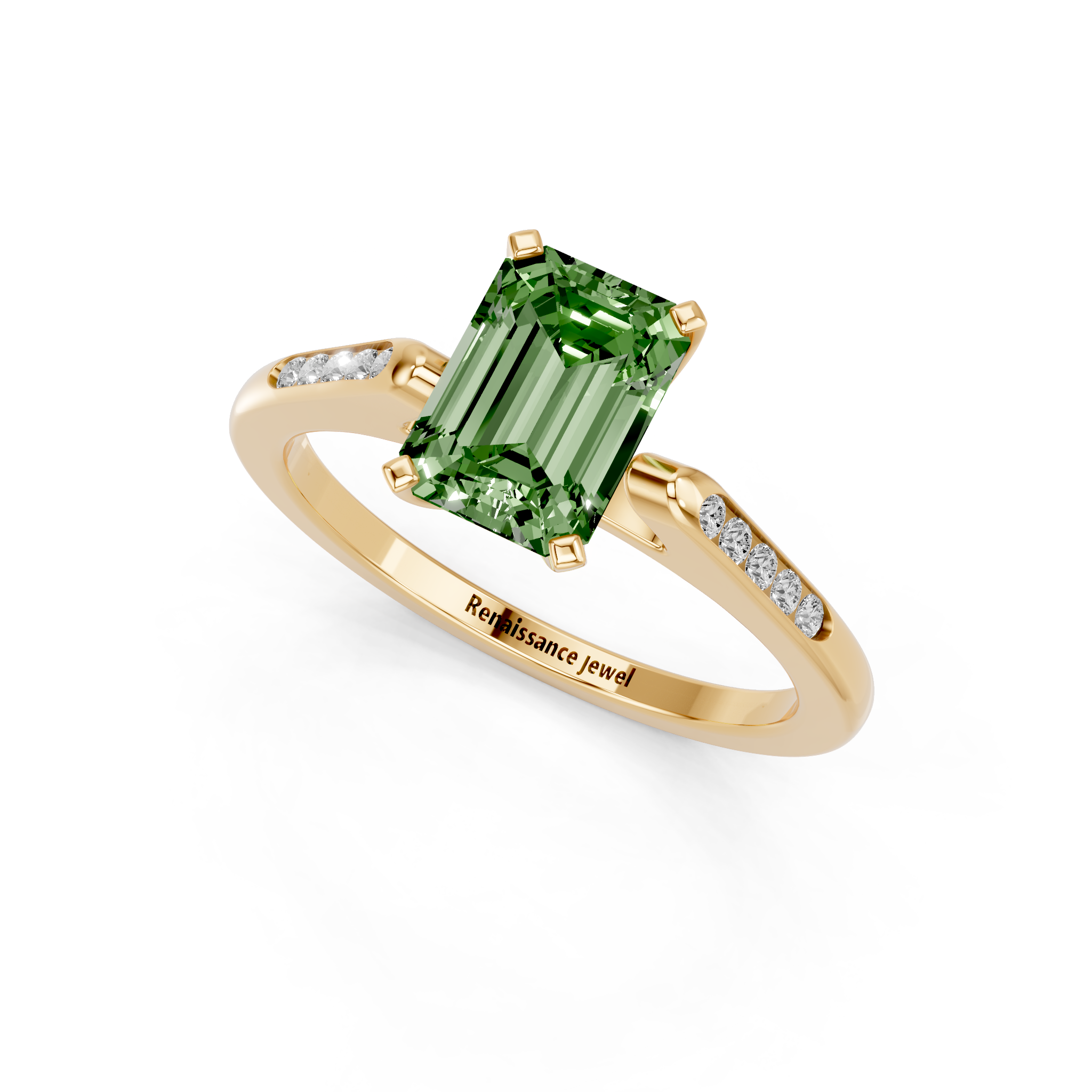 Yellow gold Fancy Green Emerald  Cut Channel Set Solitaire Engagement Ring with Four-Prong Setting_13