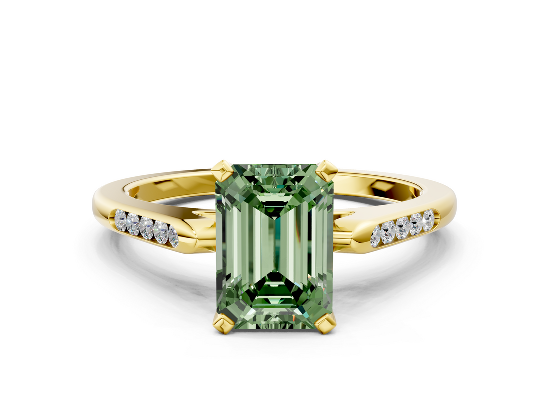 Yellow gold Fancy Green Emerald  Cut Channel Set Solitaire Engagement Ring with Four-Prong Setting_144
