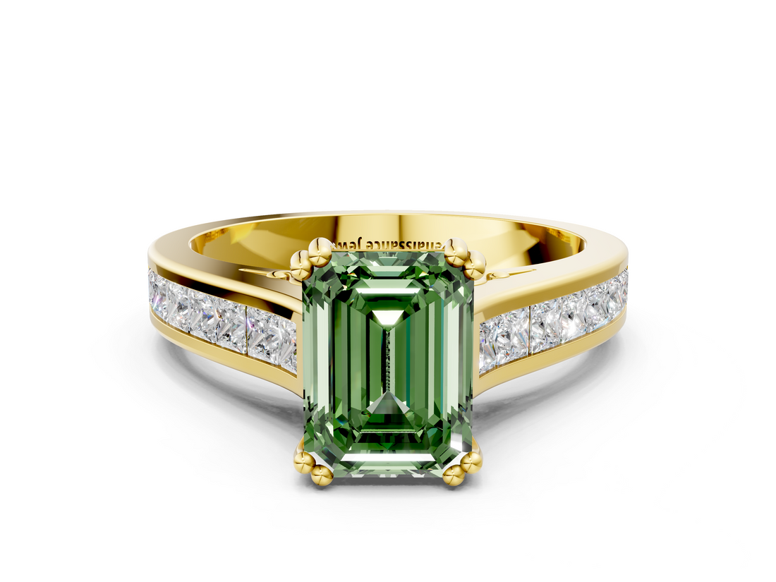 Yellow gold Fancy Green Emerald  Cut Channel Set Solitaire Engagement Ring with Prong Setting_20