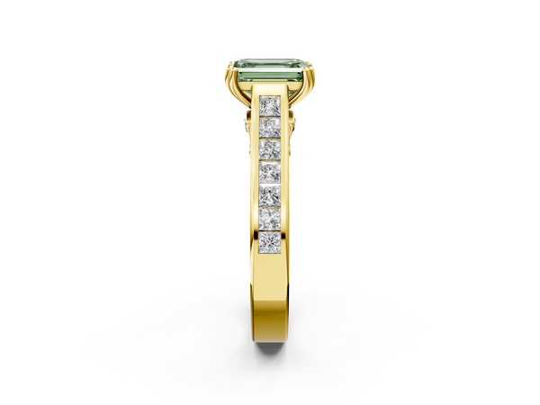 Yellow Gold Emerald Cut Channel Set Solitaire Engagement Ring Setting for Fancy Green Center with Double Claw Prongs