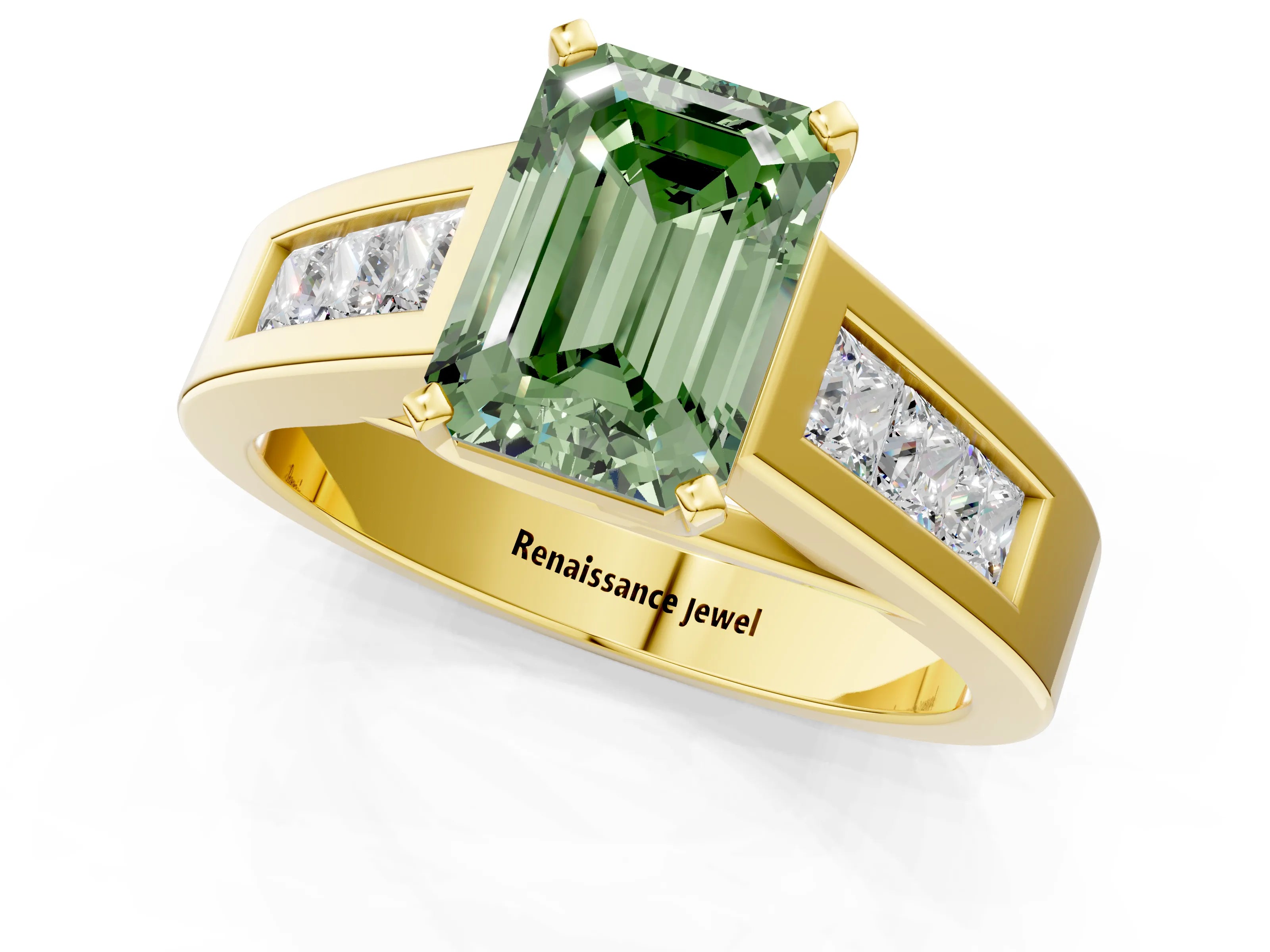 Yellow gold Fancy Green Emerald Cut Cut Channel Set Solitaire Ring with Four-Prong Setting_1