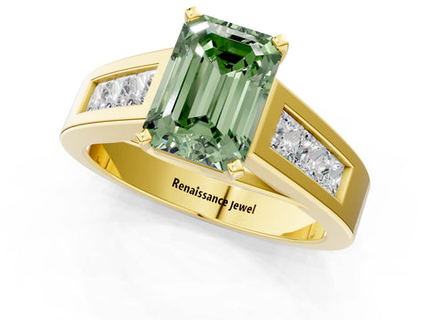Yellow gold Fancy Green Emerald Cut Cut Channel Set Solitaire Ring with Four-Prong Setting_1