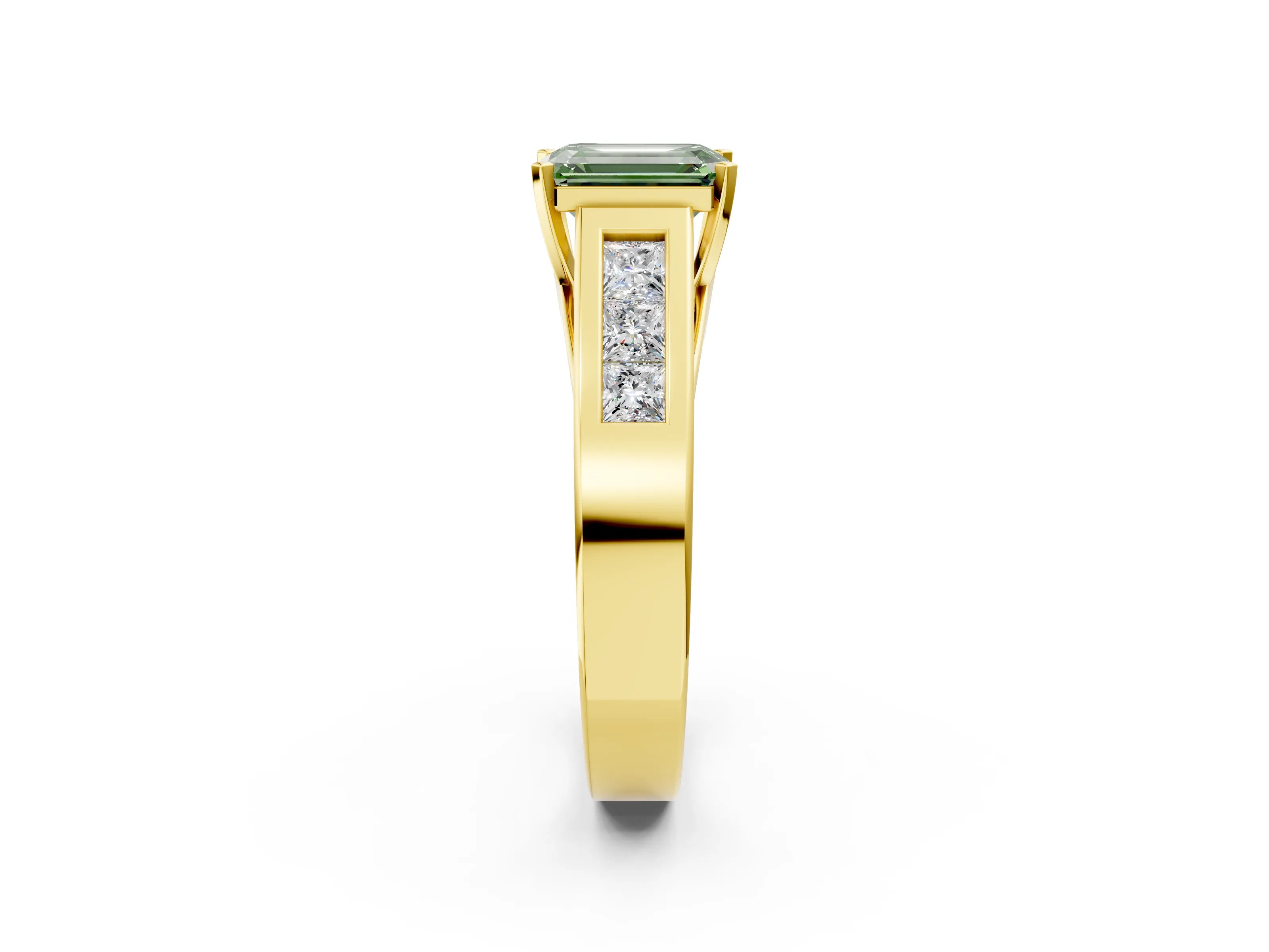 Yellow gold Fancy Green Emerald Cut Cut Channel Set Solitaire Ring with Four-Prong Setting_2