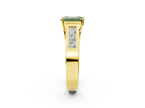 Yellow gold Fancy Green Emerald Cut Cut Channel Set Solitaire Ring with Four-Prong Setting