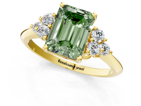 Yellow gold Fancy Green Emerald Cut Cut Diamond Cluster Ring with Solitaire Band and Four-Prong Setting_13