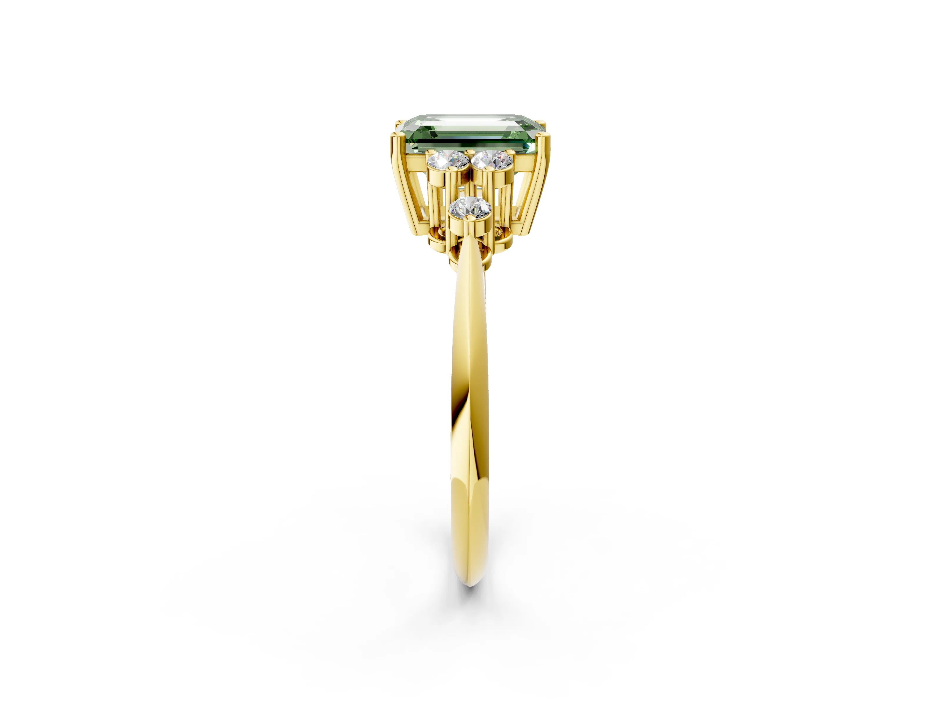 Yellow gold Fancy Green Emerald Cut Cut Diamond Cluster Ring with Solitaire Band and Four-Prong Setting_14