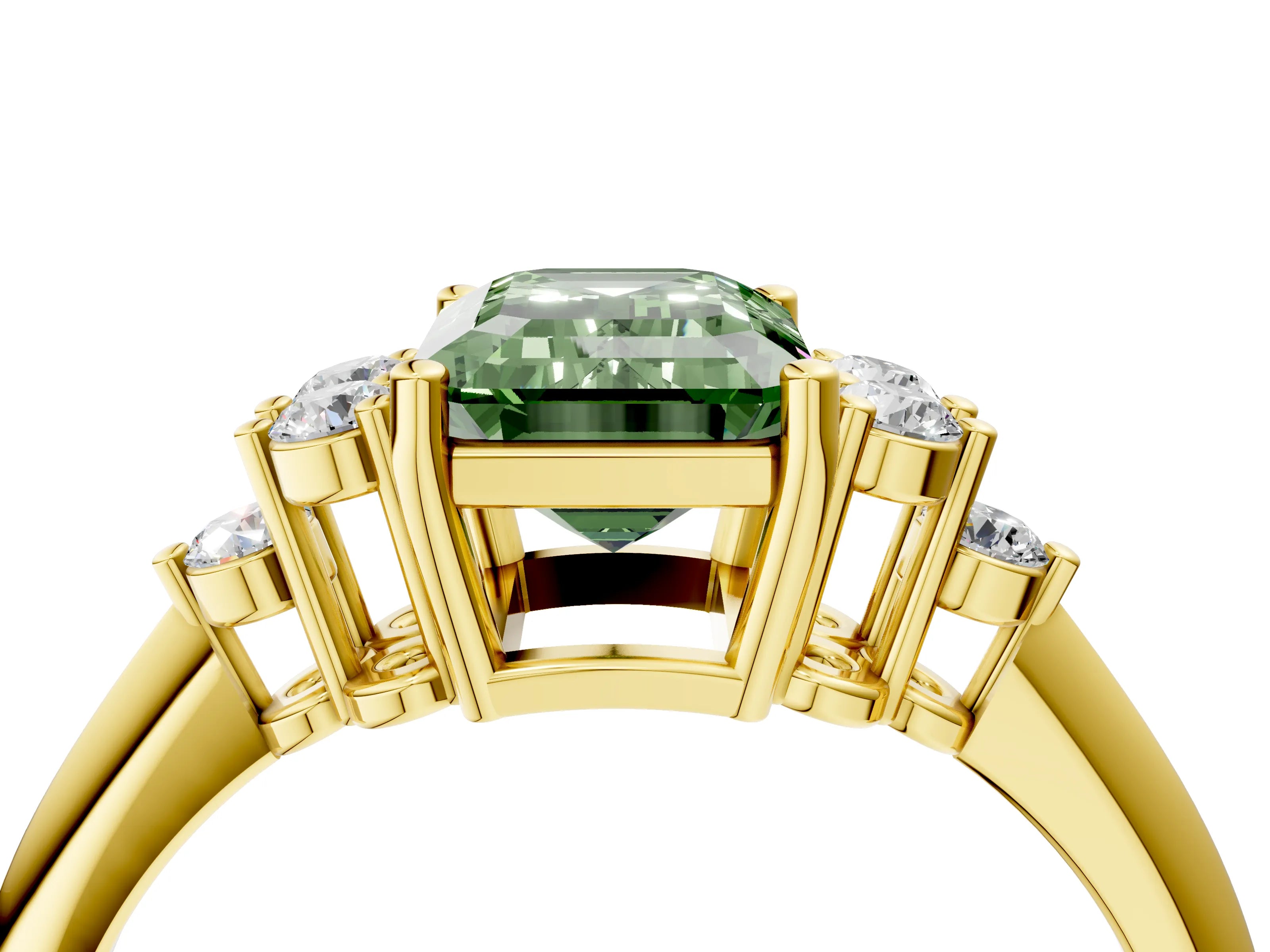 Yellow gold Fancy Green Emerald Cut Cut Diamond Cluster Ring with Solitaire Band and Four-Prong Setting_16