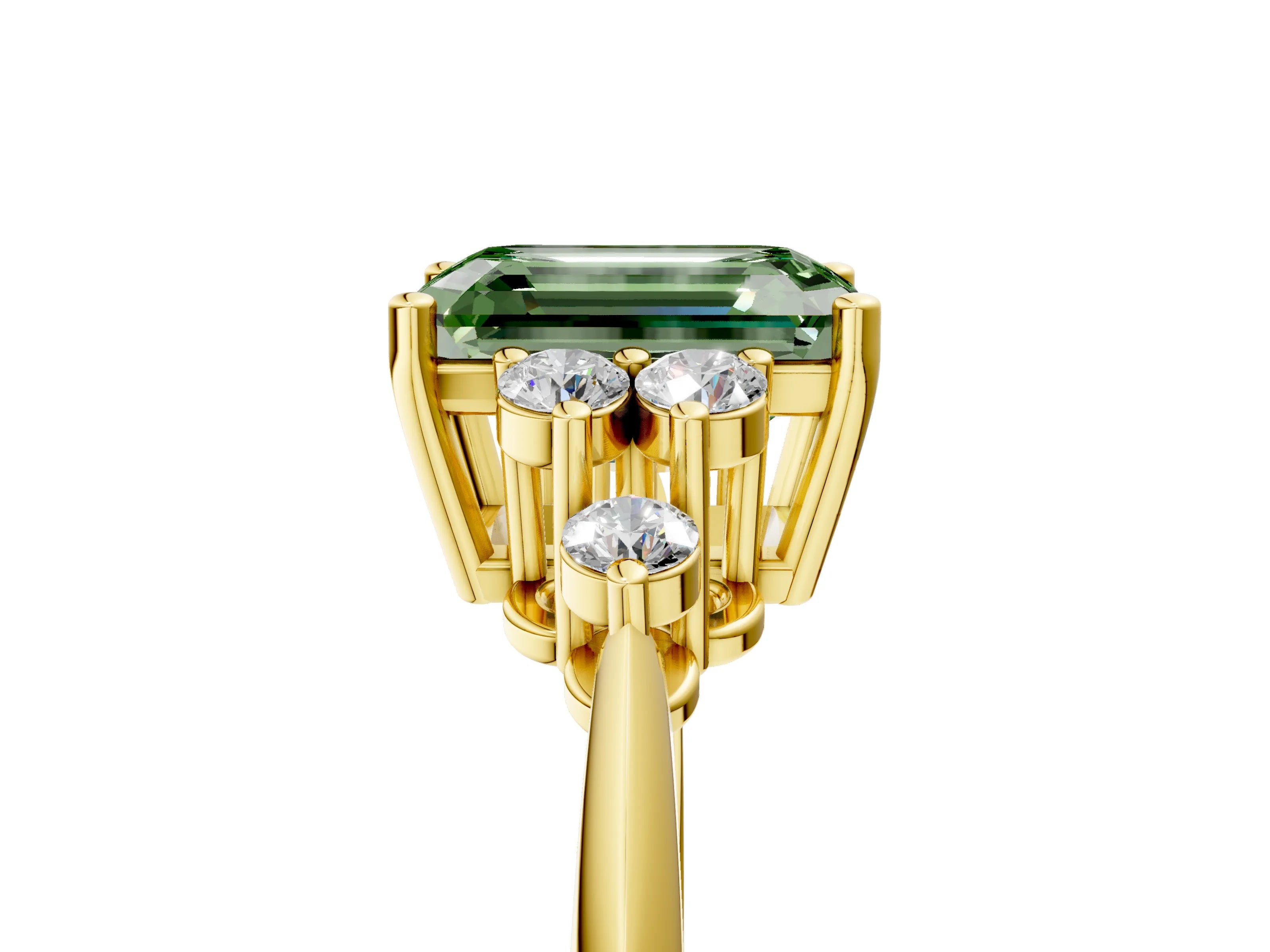 Yellow gold Fancy Green Emerald Cut Cut Diamond Cluster Ring with Solitaire Band and Four-Prong Setting_17