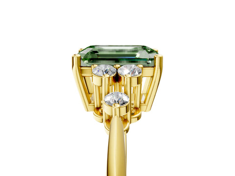 Yellow gold Fancy Green Emerald Cut Cut Diamond Cluster Ring with Solitaire Band and Four-Prong Setting_17