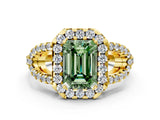 Yellow gold Fancy Green Emerald Cut Cut Diamond Halo Engagement Ring with Open Split Pavé Band