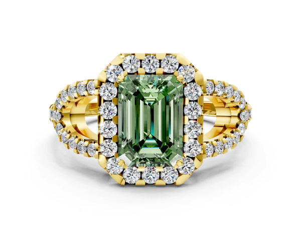 Yellow Gold Emerald Cut Split Shank Pave Halo Engagement Ring Setting for Fancy Green Center