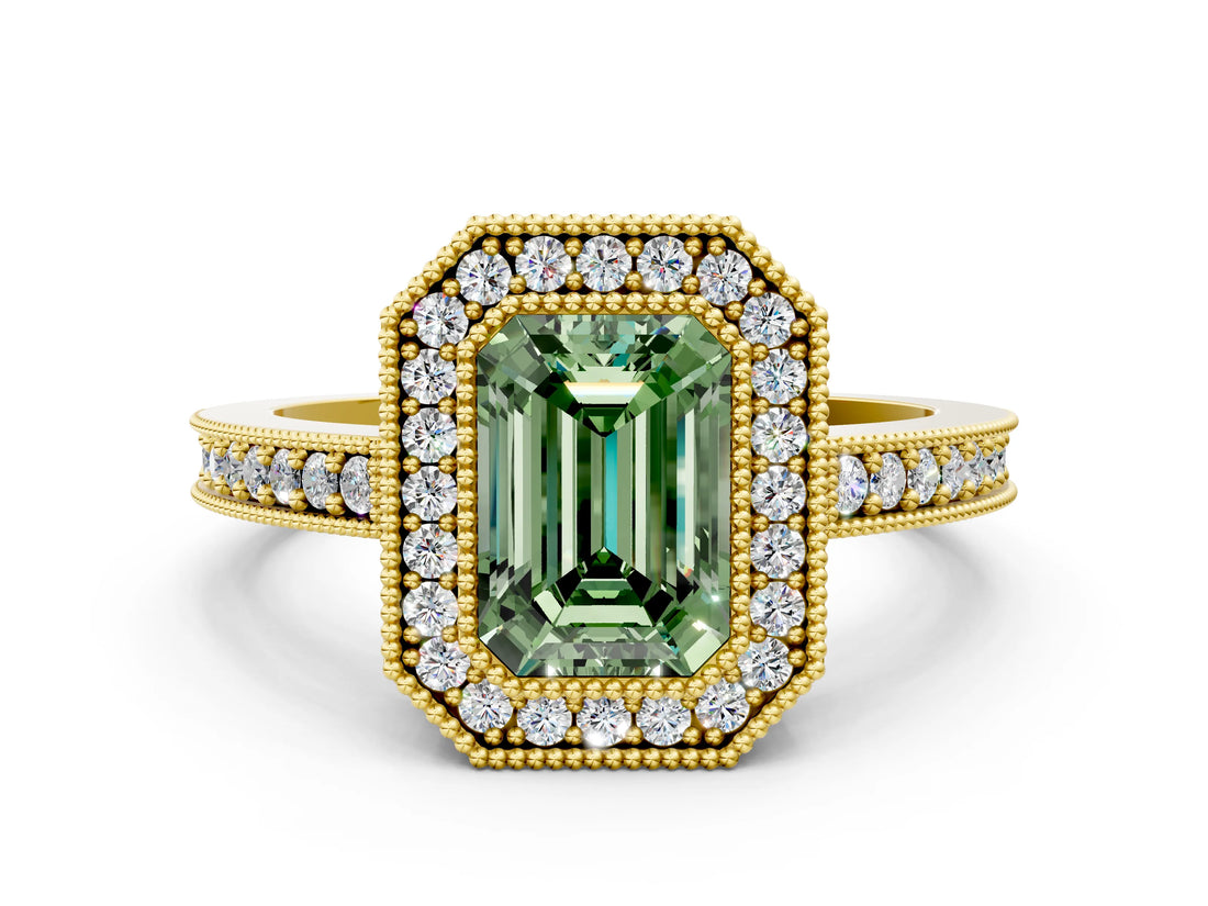 Yellow gold Fancy Green Emerald Cut-Cut Diamond Halo Engagement Ring with Pave Band and Prong Setting