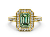 Yellow gold Fancy Green Emerald Cut-Cut Diamond Halo Engagement Ring with Pave Band and Prong Setting