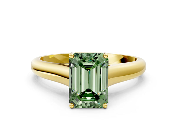 Yellow gold Fancy Green Emerald Cut Cut Diamond Solitaire Engagement Ring with Tapered Plain Band and Four-Prong Setting