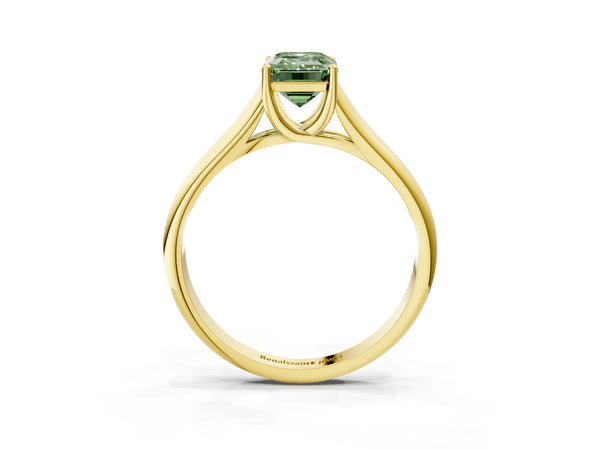 Yellow gold Fancy Green Emerald Cut Cut Diamond Solitaire Engagement Ring with Tapered Plain Band and Four-Prong Setting