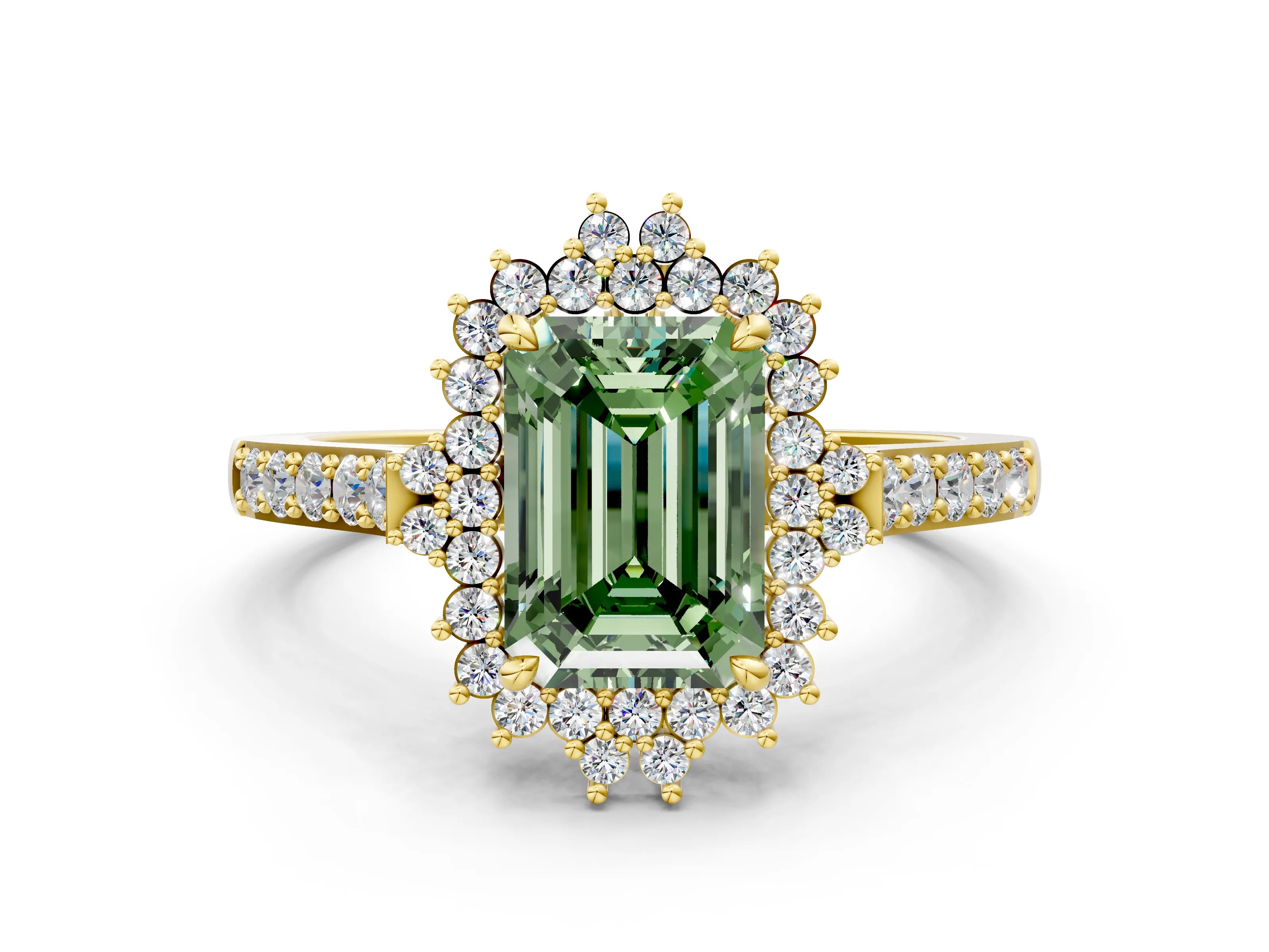 Yellow gold Fancy Green Emerald Cut Cut Diamond Sunburst Halo Engagement Ring with Pavé Band