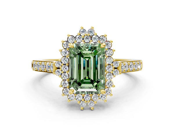 Yellow gold Fancy Green Emerald Cut Cut Diamond Sunburst Halo Engagement Ring with Pavé Band