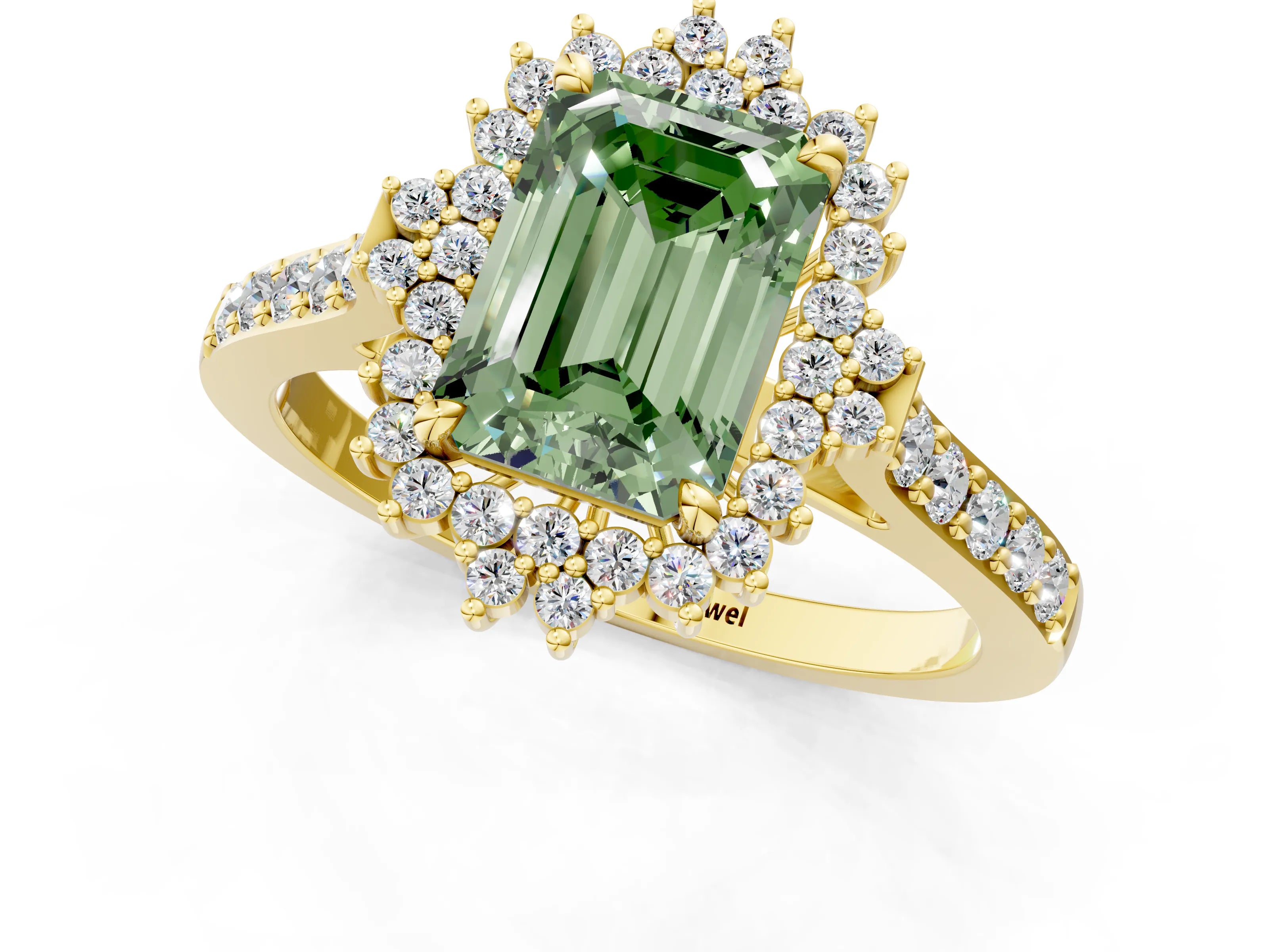 Yellow gold Fancy Green Emerald Cut Cut Diamond Sunburst Halo Engagement Ring with Pavé Band_1