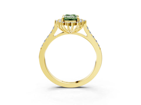Yellow gold Fancy Green Emerald Cut Cut Diamond Sunburst Halo Engagement Ring with Pavé Band_3