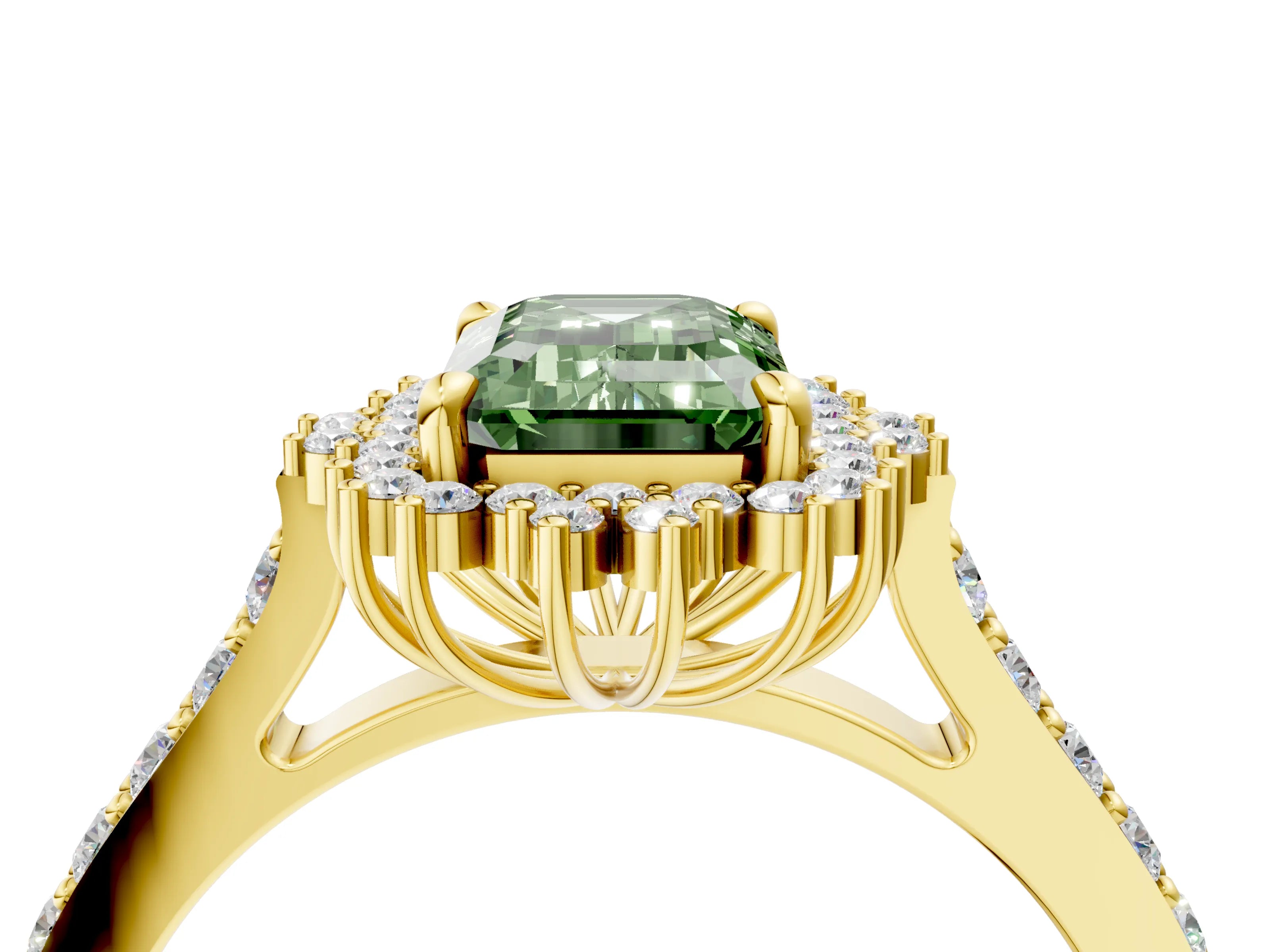 Yellow gold Fancy Green Emerald Cut Cut Diamond Sunburst Halo Engagement Ring with Pavé Band_4