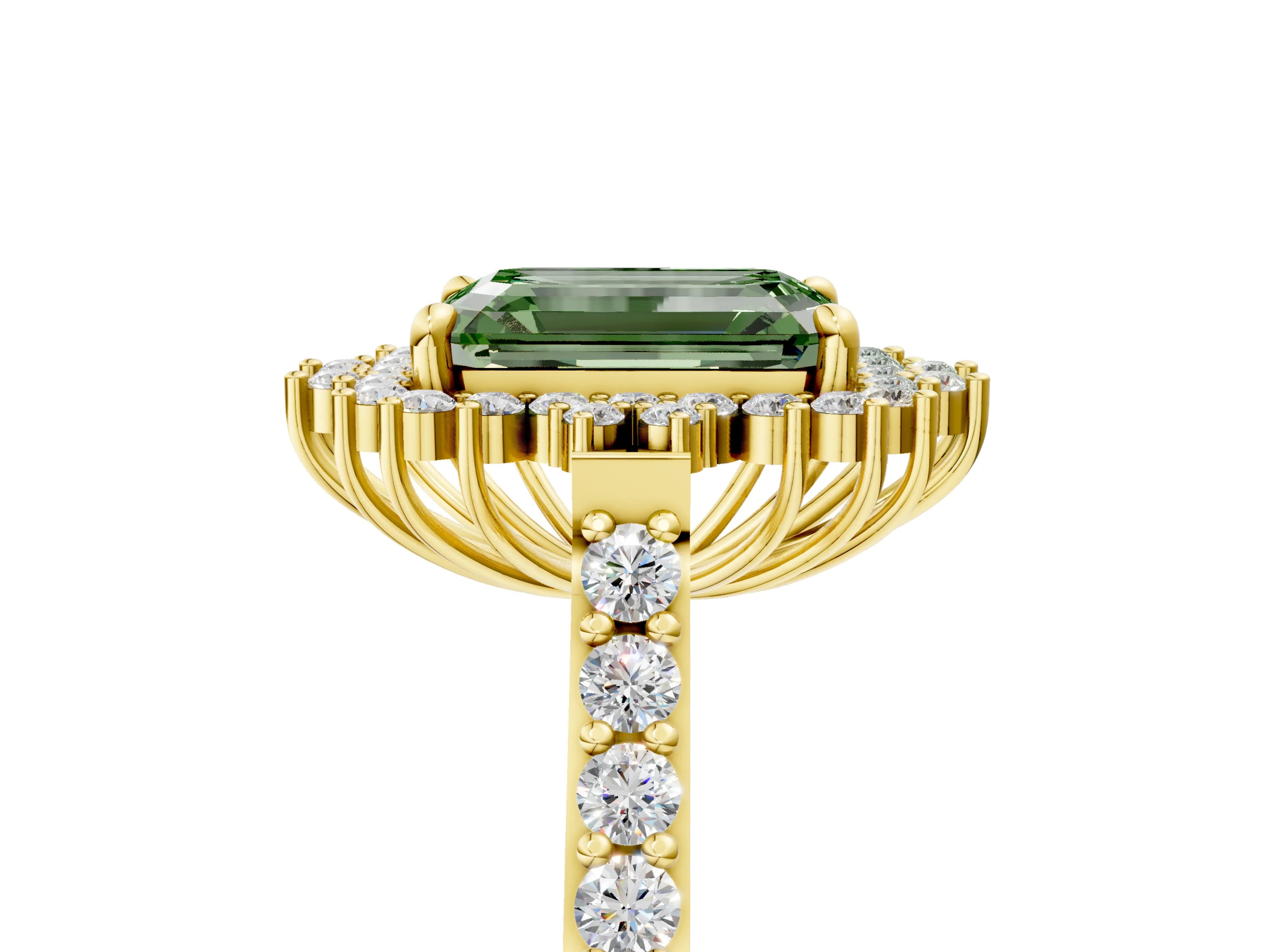 Yellow gold Fancy Green Emerald Cut Cut Diamond Sunburst Halo Engagement Ring with Pavé Band_5