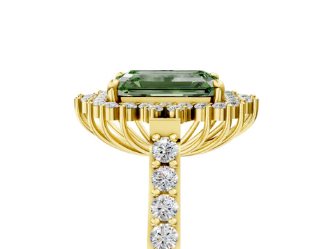 Yellow gold Fancy Green Emerald Cut Cut Diamond Sunburst Halo Engagement Ring with Pavé Band_5