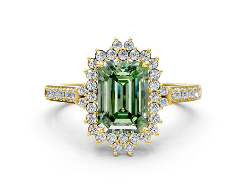 Yellow gold Fancy Green Emerald Cut Cut Diamond Sunburst Halo Engagement Ring with Pavé Band