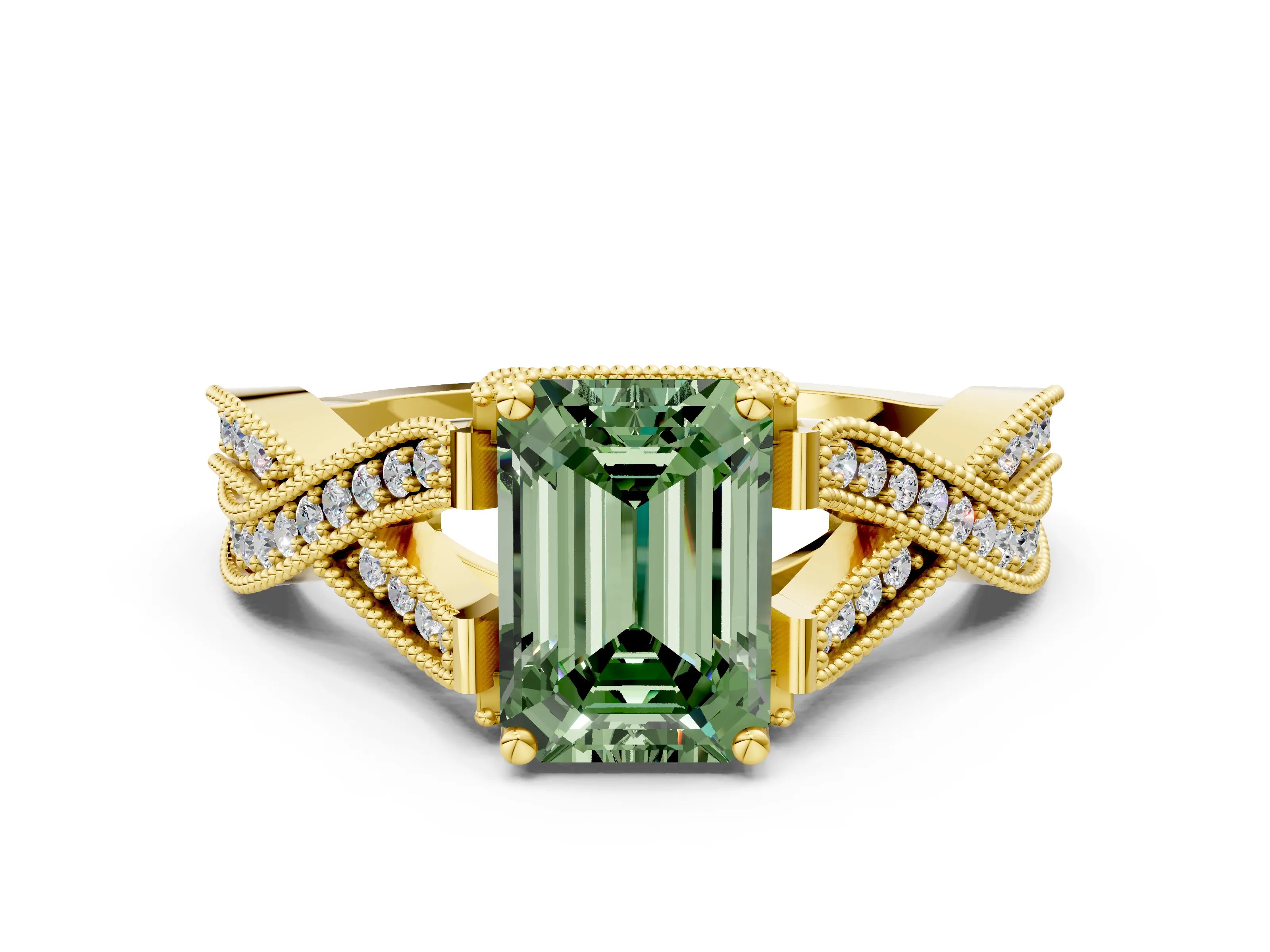 Yellow gold Fancy Green Emerald Cut Cut Diamond Twisted Band with Milgrain Pave Setting and Four-Prong Setting