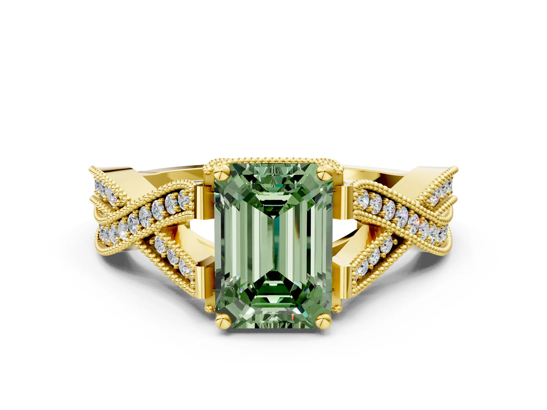 Yellow gold Fancy Green Emerald Cut Cut Diamond Twisted Band with Milgrain Pave Setting and Four-Prong Setting